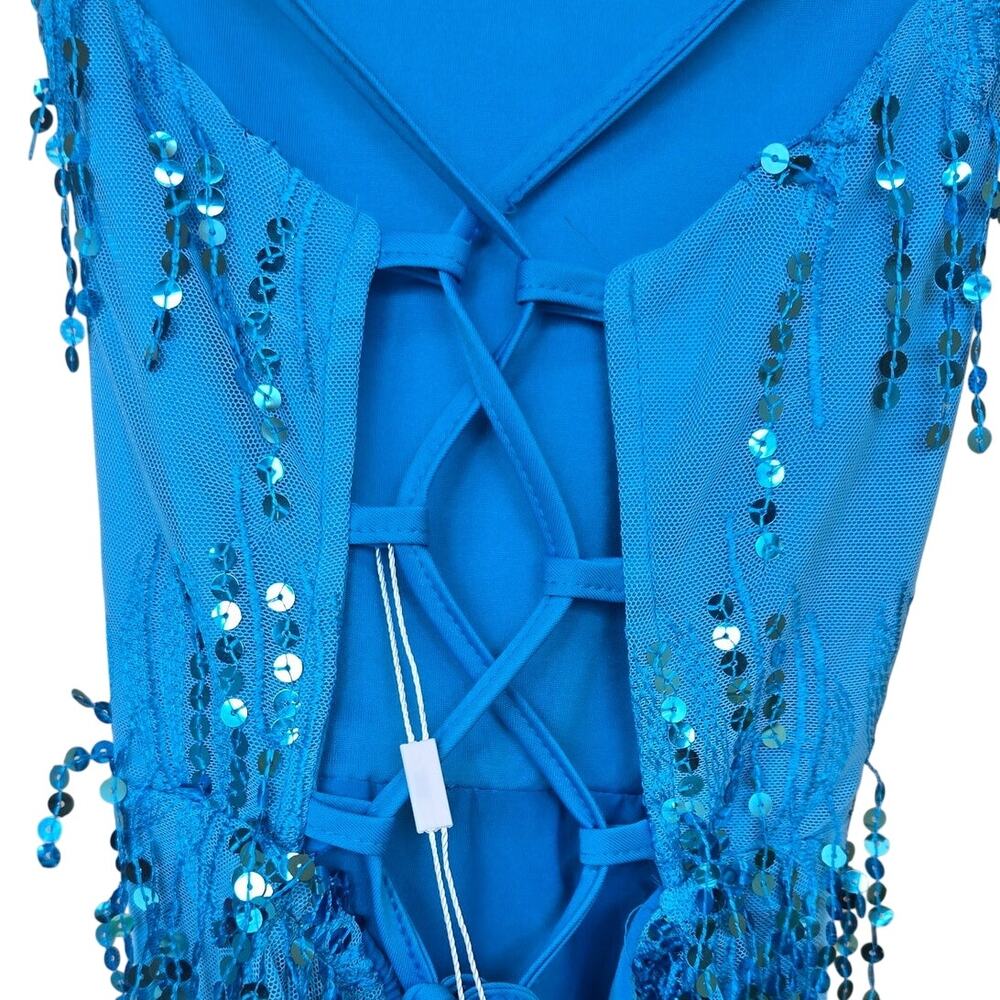 NWT OBEEII Medium Blue Sequins Fringe Sexy Bodycon Mini Dress [0026] - Picture 4 of 13